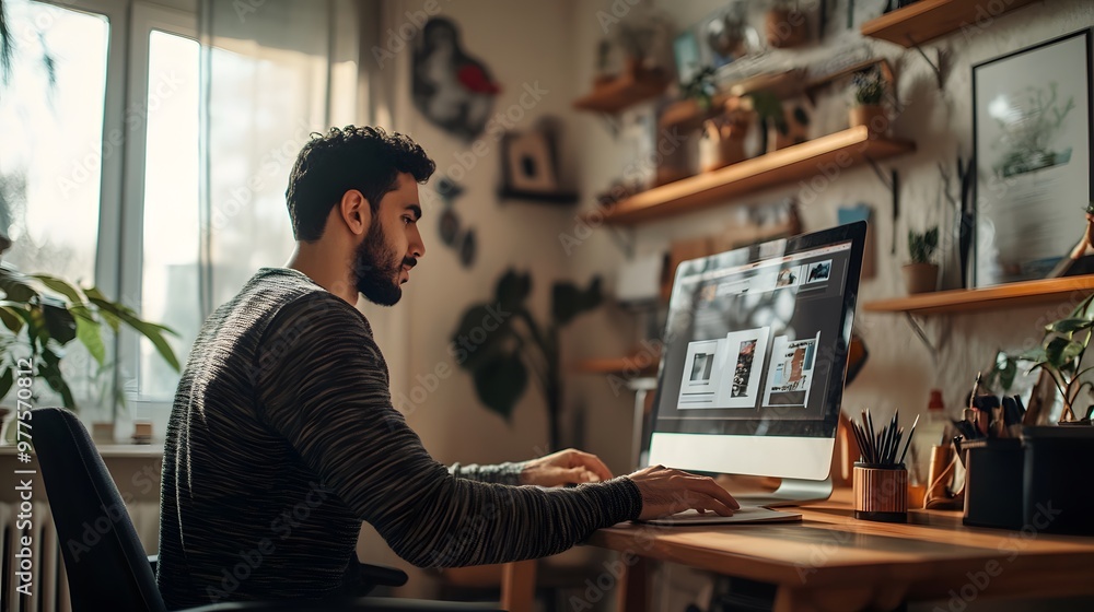 Aufkleber man working on a computer in a home office
