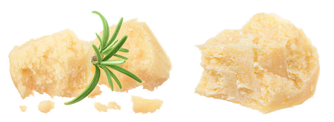 Pieces of parmesan cheese with rosemary isolated on white background