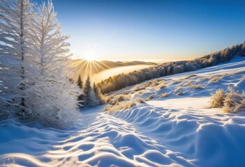Naklejka premium enchanting frosty winter landscape featuring swirling snowflakes glimmering white snow under clear blue sky, cold, nature, trees, ice, chill, outdoors