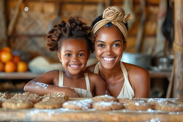 A mother and daughter baking cookies together, flour dusting their aprons and smiles on their faces