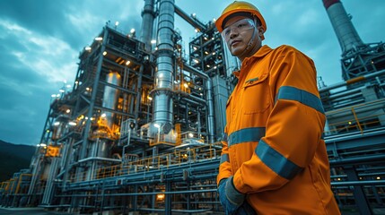 Fototapeta premium A power plant at dusk with engineers performing safety checks, the glow of their work lights highlighting their tasks