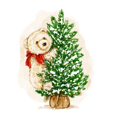 Teddy bear holding Christmas tree. Winter illustration 