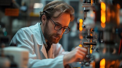An engineer in a lab coat conducting experiments on new battery technology, with various equipment around 