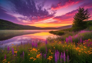 Obraz premium vibrant landscape radiant sunrise hues showcasing brilliant colors natural beauty, nature, scenery, sky, clouds, light, orange, yellow, pink, blue, green