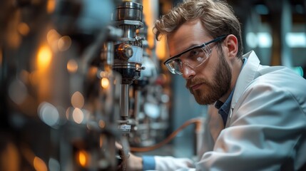 An engineer in a lab coat conducting experiments on new battery technology, with various equipment around 