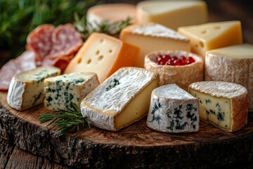 Assortment of cheese on wooden table, closeup. Dairy products. Cheese Selection. Large assortment of international cheese specialities. 