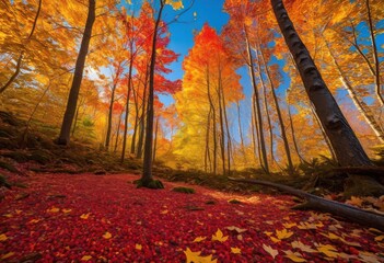 Fototapeta premium vibrant autumn foliage blanketing forest floor rich colors brown under clear blue sky, red, orange, yellow, leaves, nature, landscape, texture, sunlight