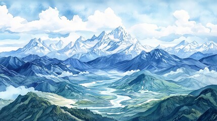 Obraz premium A breathtaking landscape featuring majestic mountains, serene valleys, and a peaceful river under a clear blue sky.