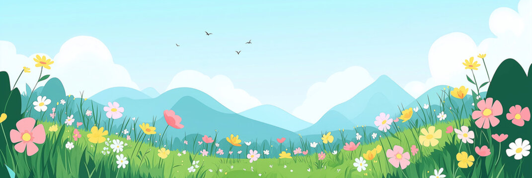 Fototapeta Banner of Cute flat cartoon of : flowers field Panoramic kids meadow with wildflowers of mountains, bright blue sky and clouds. Cheerful nature landscape with copy space.