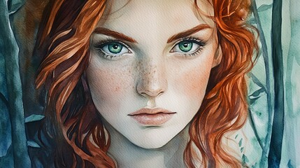 Obraz premium A mesmerizing portrait of a young woman with striking red hair and vivid green eyes, surrounded by a dreamy forest backdrop.