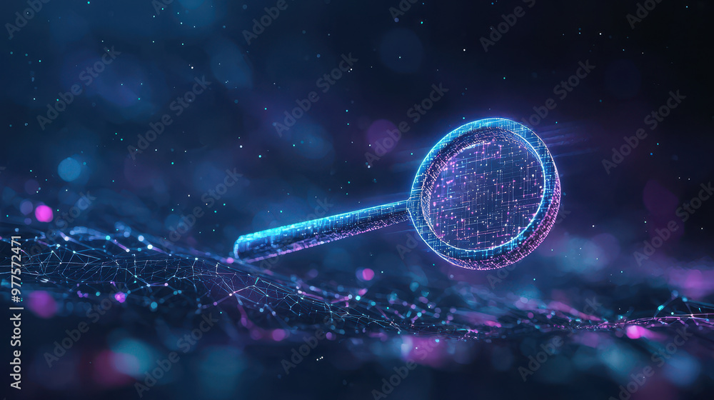 Poster A digital magnifying glass icon floats in vibrant, abstract space filled with glowing particles and interconnected lines, symbolizing search and discovery