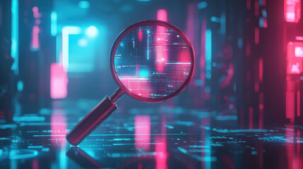 A futuristic magnifying glass is prominently displayed in digital environment, surrounded by vibrant neon lights and abstract patterns, evoking sense of exploration and discovery