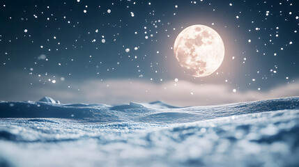 The moon casting a pale glow over a snow-covered landscape, with sparkling snowflakes