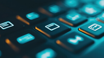 Obraz premium A close up view of keyboard showcasing illuminated keys, emphasizing technology and connectivity. vibrant colors create modern and dynamic atmosphere, perfect for digital themes
