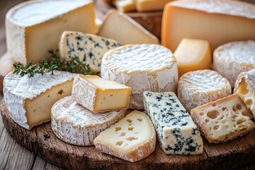 Assortment of cheese on wooden table, closeup. Dairy products. Cheese Selection. Large assortment of international cheese specialities. 