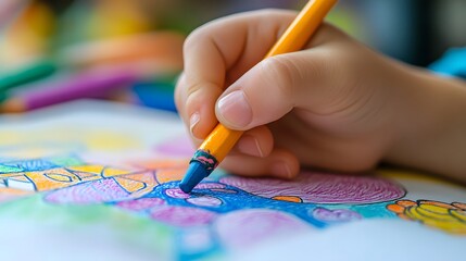 Hand Holding a Crayon Drawing on Paper: A child’s hand gripping a crayon, drawing vibrant shapes and patterns on a piece of paper. 
