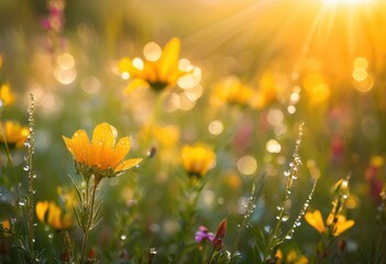 radiant close dew drenched wildflowers illuminated soft glow sunrise, bloom, petal, nature, floral, vibrant, garden, color, light, freshness, beauty