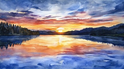 A serene watercolor painting of a sunset over a calm lake, reflecting vibrant colors and surrounding nature.