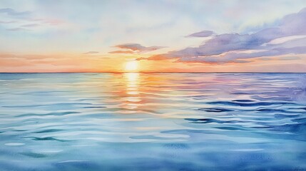 Fototapeta premium A serene watercolor painting of a sunset over calm waters, reflecting vibrant hues of orange and blue.