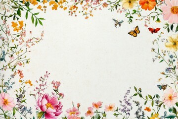 A beautiful vintage floral border with small butterflies and vines on white paper