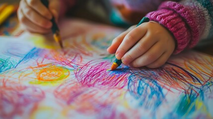 Hand Holding a Crayon Drawing on Paper: A child&rsquo;s hand gripping a crayon, drawing vibrant shapes and patterns on a piece of paper. 
