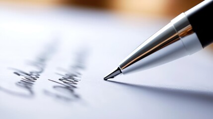 Fototapeta premium Close-up of a sleek pen poised above a sheet of paper, capturing the essence of writing and creativity.