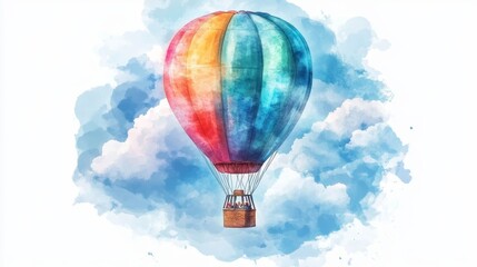 Fototapeta premium A vibrant hot air balloon floating majestically in a blue sky, surrounded by fluffy clouds, showcasing colorful artistry and adventure.