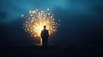 Fototapeta premium A silhouette of a person stands before a glowing tree of light, symbolizing hope and inspiration in a dark atmosphere.