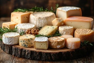 Assortment of cheese on wooden table, closeup. Dairy products. Cheese Selection. Large assortment of international cheese specialities. 