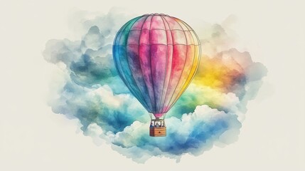 Fototapeta premium A vibrant watercolor illustration of a hot air balloon soaring through colorful clouds, evoking a sense of adventure and freedom.