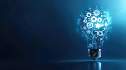 A creative light bulb design filled with gears, symbolizing innovation and ideas in a modern blue background.