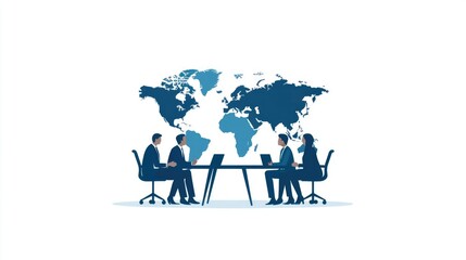 A professional meeting scene featuring business people collaborating with a world map in the background, symbolizing global connections.
