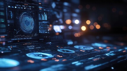 Futuristic user interface displaying data visualization with glowing elements and abstract charts in a dark setting.