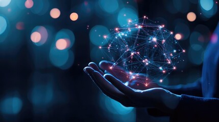 A futuristic hand holds a glowing network, symbolizing technology, innovation, and connectivity in a digital world.
