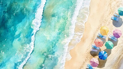 Fototapeta premium Aerial view of a sunny beach with colorful umbrellas and gentle waves, capturing the essence of summer relaxation and coastal beauty.