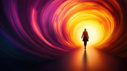 Fototapeta premium A silhouette of a person walking towards a vibrant, swirling tunnel of colors, symbolizing hope and new beginnings.