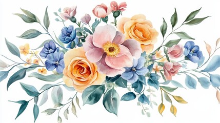 Beautiful watercolor floral arrangement featuring vibrant roses, delicate blossoms, and lush greenery for elegant decor.