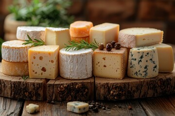 Assortment of cheese on wooden table, closeup. Dairy products. Cheese Selection. Large assortment of international cheese specialities. 