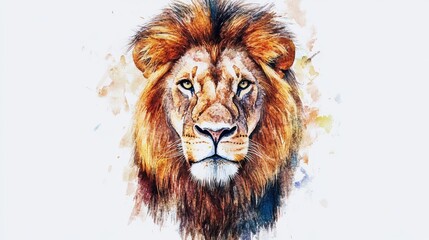 Fototapeta premium Captivating watercolor illustration of a majestic lion with striking details, showcasing its fierce expression and luscious mane.