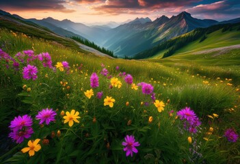 Fototapeta premium stunning mountain vistas showcasing vibrant flower fields lush greenery scenic views, adventure, hiking, exploration, travel, breathtaking, picturesque