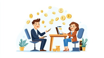 A cheerful business meeting depicting financial growth with coins representing success and teamwork between a man and a woman.