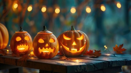Fototapeta premium Spooky Halloween scene with a glowing Jack-O'-Lantern. happy Halloween. Blurred background, pumpkin and lights.