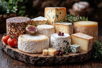 Assortment of cheese on wooden table, closeup. Dairy products. Cheese Selection. Large assortment of international cheese specialities.
