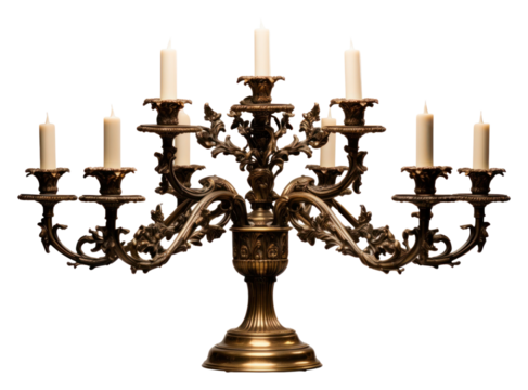 PNG A nine-branched candelabrum lit chandelier candle lamp. - Powered by Adobe