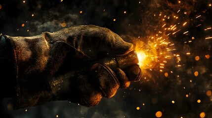 Welder&rsquo;s Hand Holding a Welding Torch: A welder's gloved hand holding a welding torch, with sparks flying in the background. 
