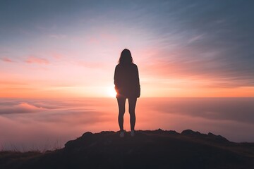 Obraz premium Silhouette of woman standing on mountaintop with sunset sky in the background