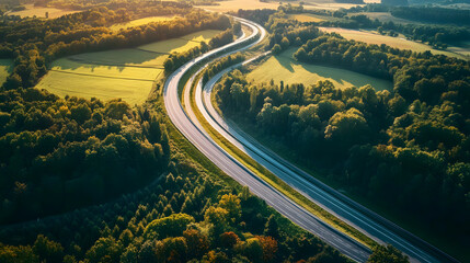Fototapeta premium The view from above a rural overpass, with a winding road stretching through farmland