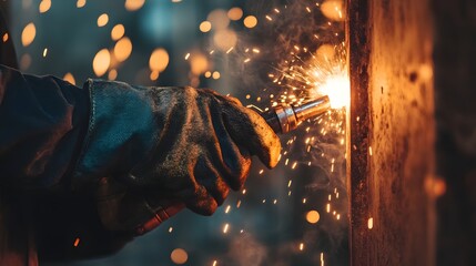 Welder&rsquo;s Hand Holding a Welding Torch: A welder's gloved hand holding a welding torch, with sparks flying in the background. 
