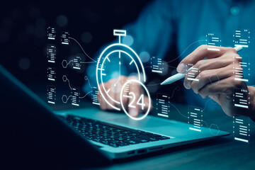 Clock 24h service and people icon Concept, Businessman hand holding clock and line people icon, time management and business work planning, idea and concept of the schedule of the daily routine,