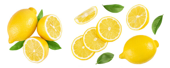 Ripe lemon with half isolated on white background with full depth of field. Top view. Flat lay
